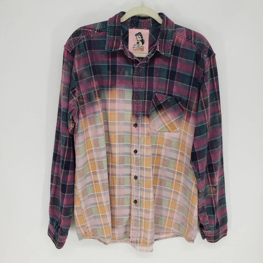 Clara Mae Upcycled Dip Dye Plaid Corduroy Oversized Button Down Shirt Women L